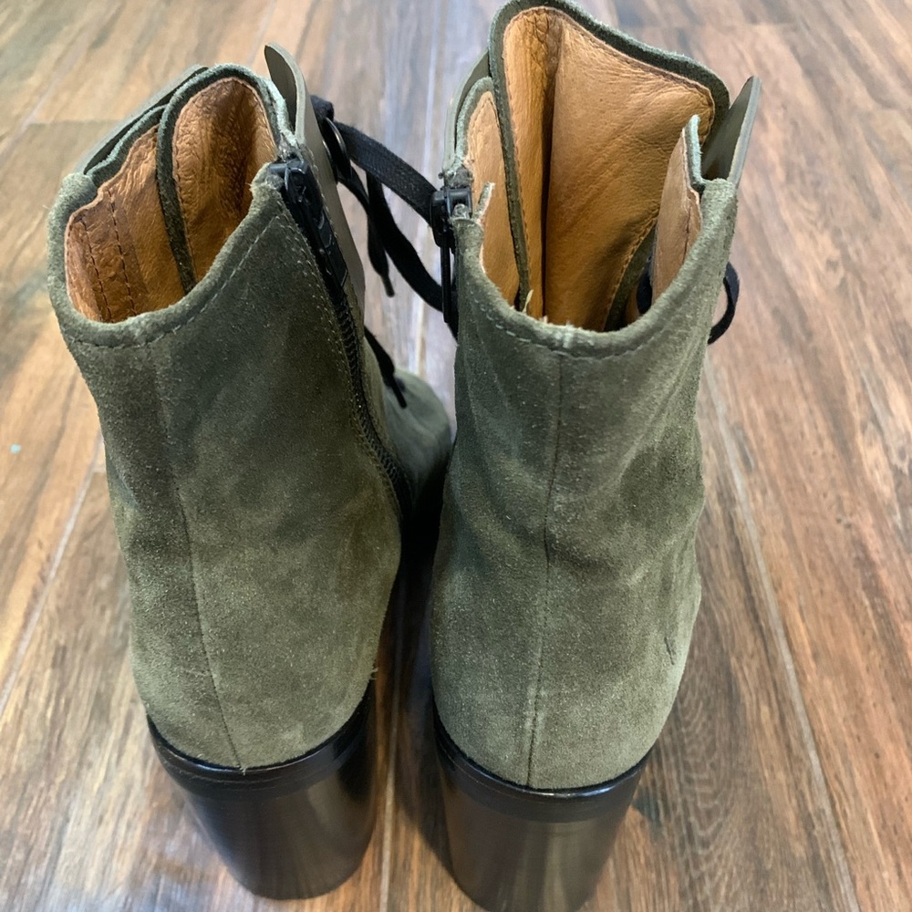 Frye Women’s Danica Lug Lace Up Zip Green Suede Peep Toe Boots Size 10 M - Picture 4 of 15